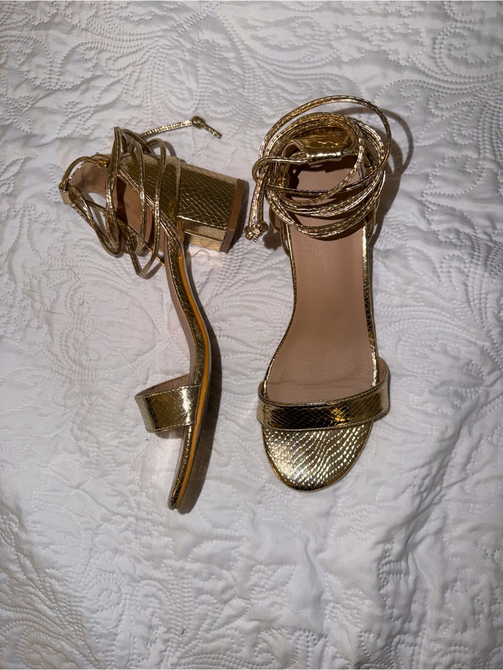 Gold Metallic Ankle-Tie Block Heel Sandals - Women